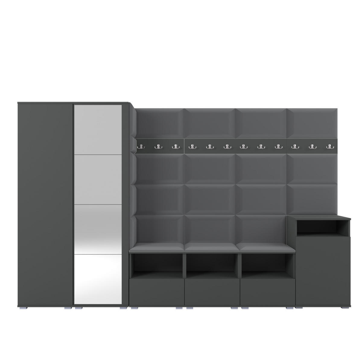 GARDEROBE NELA XII 300 cm (Modulare Flurmöbel Graphit mit Spiegel & Sitzpolster Dunkelgrau 15 Gigantisches Set) - Dunkelgrau/Silberfarben, Holz/Holzwerkstoff (300/187/40cm) - Ravio