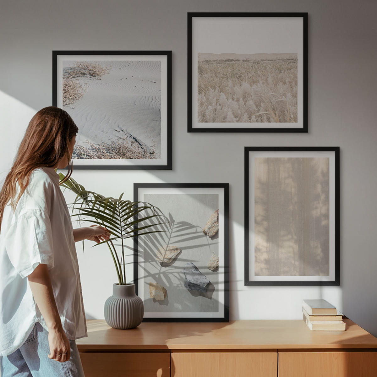 BILDER SET 4er Set - 50x50 cm & 40x60 cm Schwarzer Rahmen - Boho-Naturtexturen - Schwarz, Kunststoff (50/50cm) - TULUP