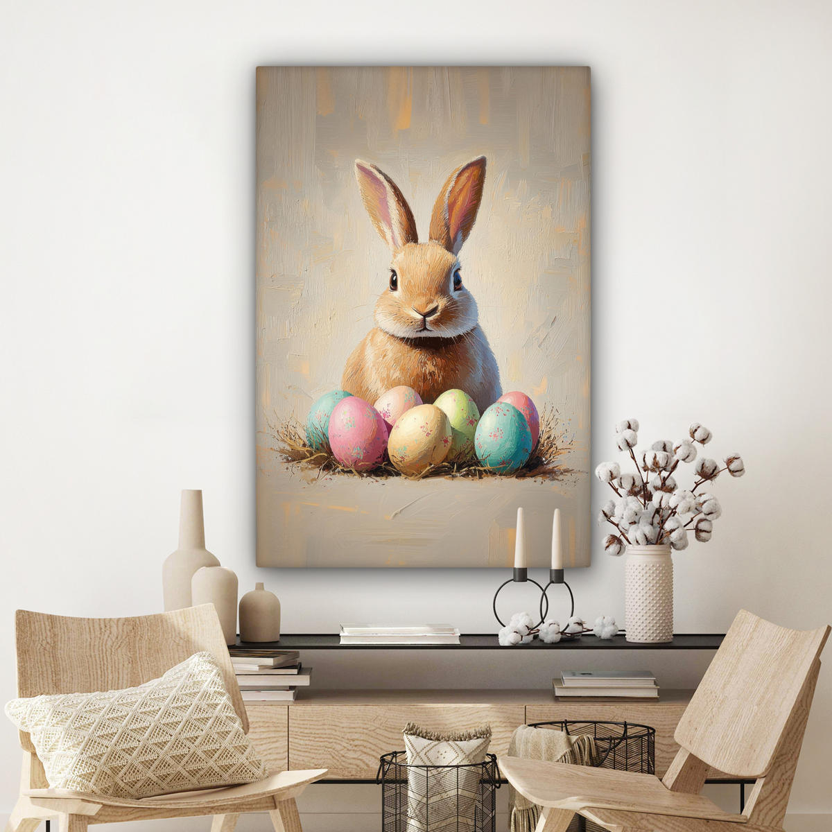 LEINWANDBILD Osterhase - Pastell - Eier Deko Groß 90x140 cm - Beige, Textil (90/140cm) - MuchoWow