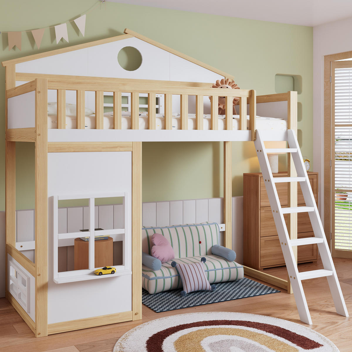 ETAGENBETT aus Kiefer und MDF 90x200 cm Weiß/Natur mit Treppe, Fallschutz, Dach und Fenstern - Weiß, Holzwerkstoff (90/200cm) - Modfu