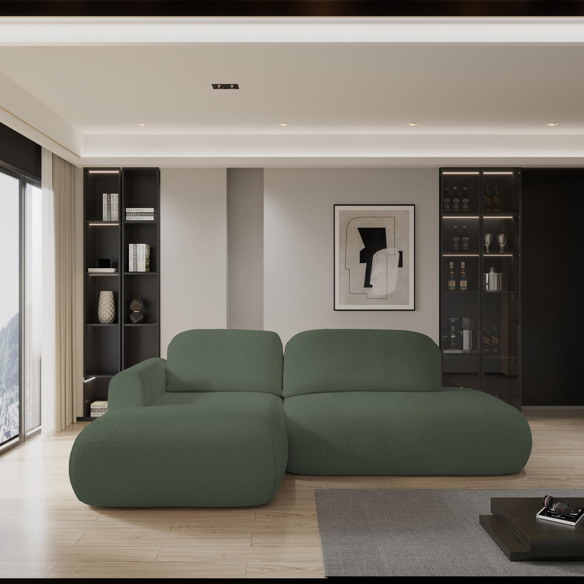 ECKSOFA NUVIRA L-S Grün Boucle-Stoff mit Schlaffunktion - Grün, Holz (279/158cm) - MASSENO