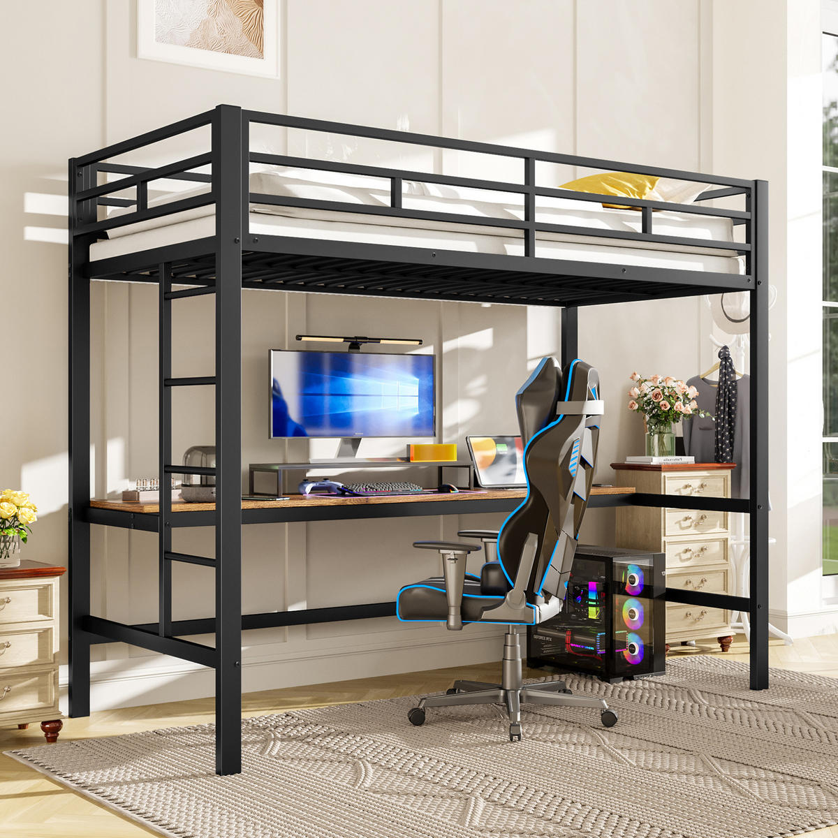 HOCHBETT 90/200 cm aus Metall mit Schreibtisch, LED-Beleuchtung und Anschlüssen - Schwarz, Metall (90/200cm) - Flora Grace
