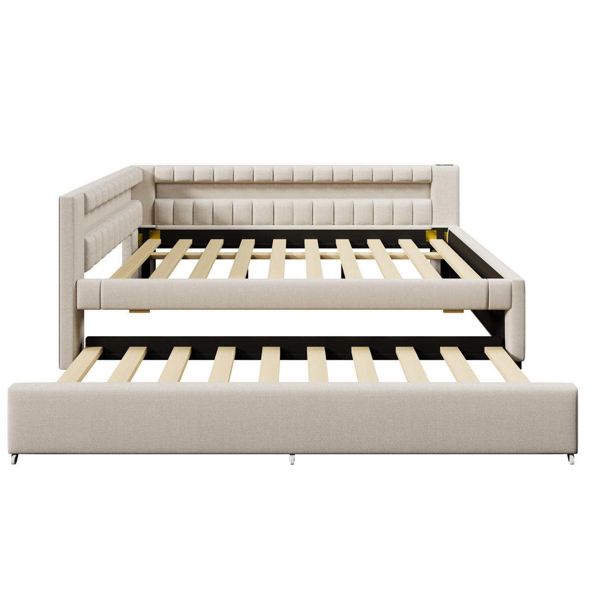 POLSTERBETT 140/200 cm mit Ausziehbett, LED-Beleuchtung, USB- und Type-C-Anschluss, Leinenbezug, Beige - Beige, Textil (140/200cm) - Redom