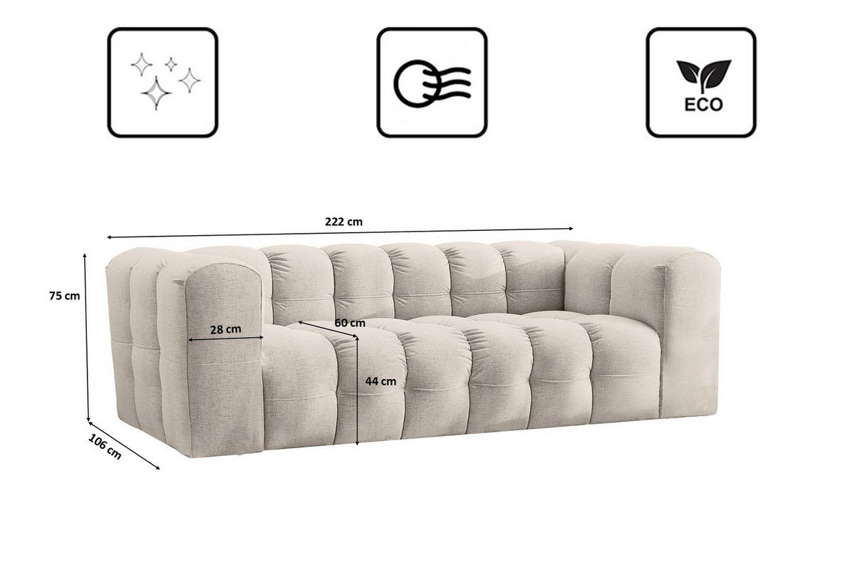 SOFA 3-Sitzer, Komfort, BALOO, Stoff Schenille, Ecru - Ecru, Holz (222/75/106cm) - Kaiser Möbel
