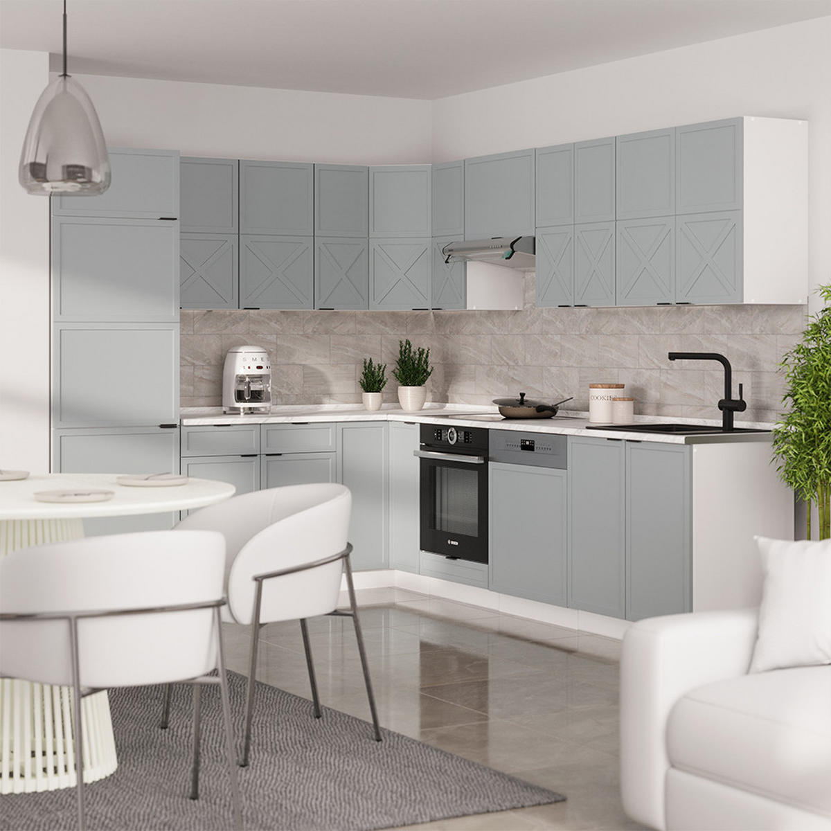 ECKKÜCHE Fame-Line Hellblau-grau/Weiß 227 x 60 cm ohne AP - Weiß/Hellblau, Holzwerkstoff (287/81.6/46cm) - Vicco