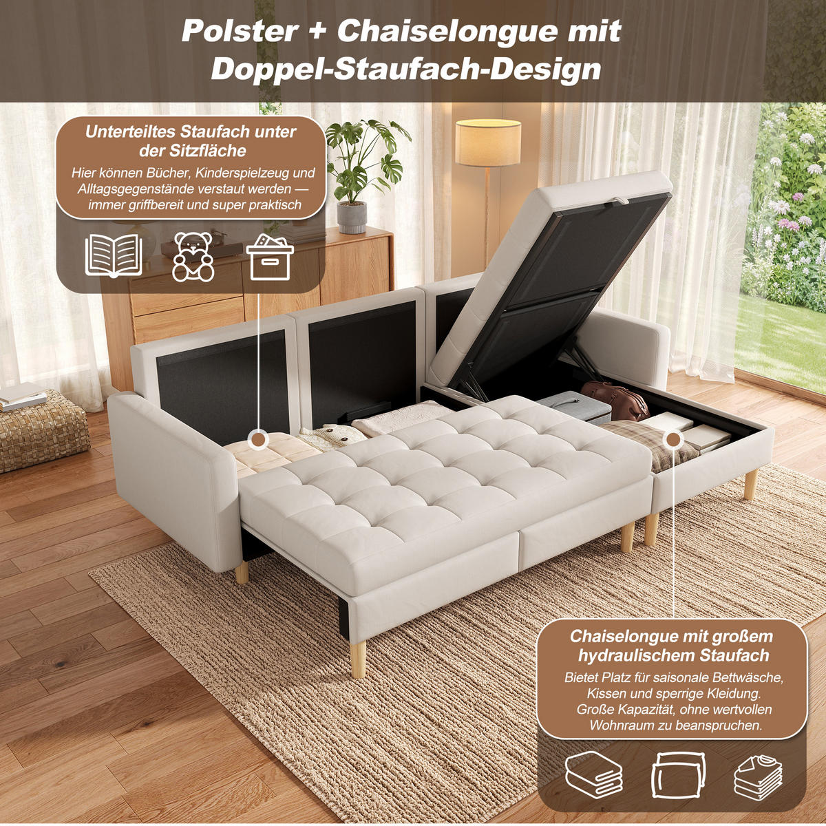 ECKSOFA L Form Stauraum Chaiselongue 3-Sitzer Beige 212cm - Beige, Textil (212/130cm) - FLIEKS