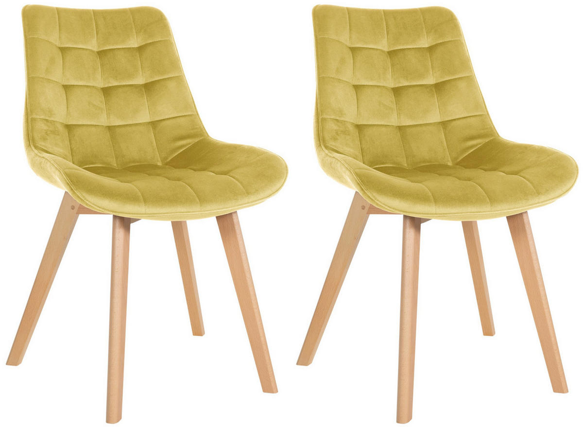 STUHL 2er Set Samt gelb - Eukalyptusholzfarben/Gelb, Holz/Textil (54/84/63cm) - CLP