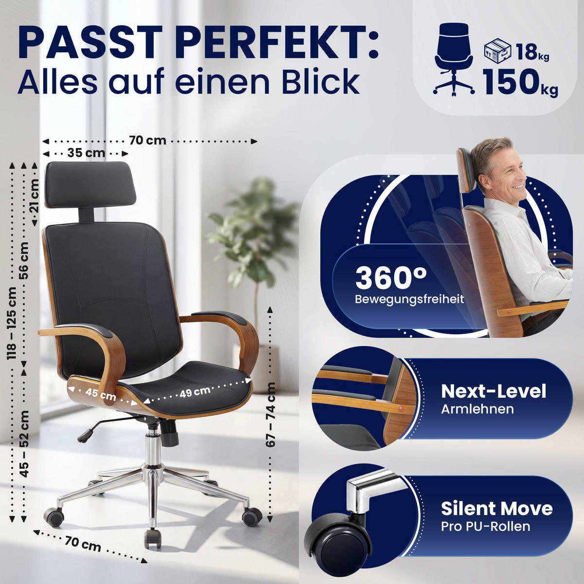 DREHSTUHL Lederlook Walnuss/Schwarz - Walnussfarben/Schwarz, Textil/Metall (70/118/70cm) - CLP