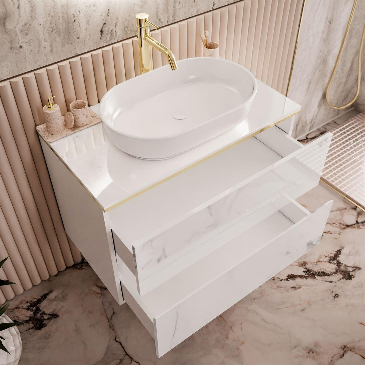 BADMÖBEL-SET AURORA GOLD - Weiß, Holzwerkstoff (80/55/45cm) - Lookway