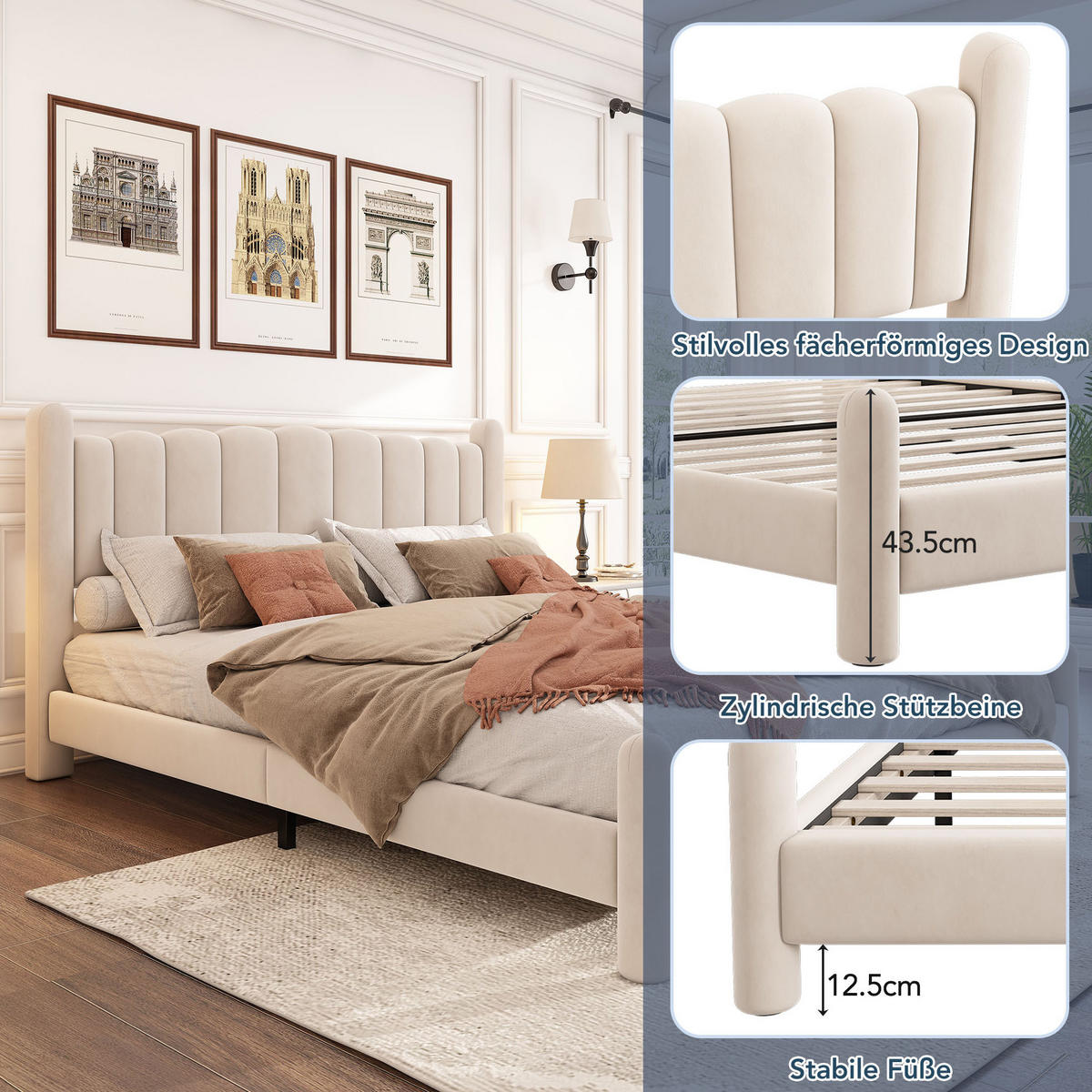POLSTERBETT 180/200 cm in Beige aus Samt mit Lattenrost und Wellenkopfteil - Beige, Textil (180/200cm) - Flora Grace