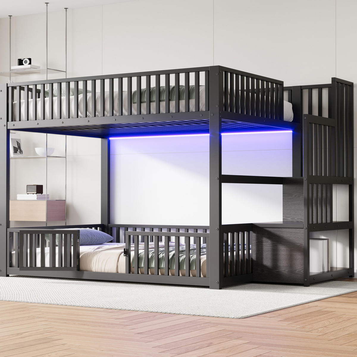 ETAGENBETT 140/200 cm aus MDF und Metall mit LED, Schwarz - Schwarz, Metall (140/200cm) - OKMYHOME