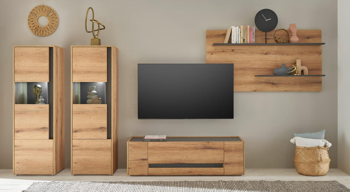 TV-LOWBOARD Eiche Evoke, grau 140 cm, TV-Unterteil mit Doppelschubkasten - Eichefarben/Schwarz, Holzwerkstoff/Kunststoff (140/40/45cm) - Furn.Design