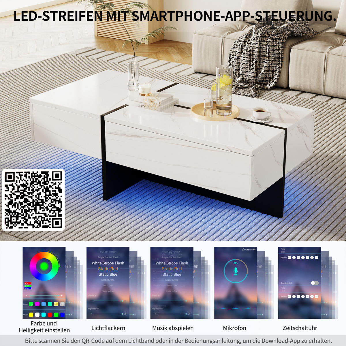 COUCHTISCH Marmoroptik Weiß/Schwarz 100x50x34,5 cm LED - Multicolor, Metall (100/50/34.5cm) - SHOPENTRA