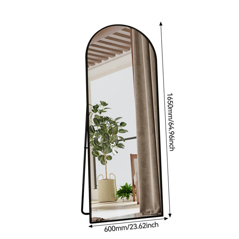 STANDSPIEGEL Gewölbter, 1650 × 600 mm, freistehend, Aluminiumrahmen, schwarz (65 × 23,6 Zoll) - Schwarz, Glas/Metall (60/165/3cm) - WoodenAura