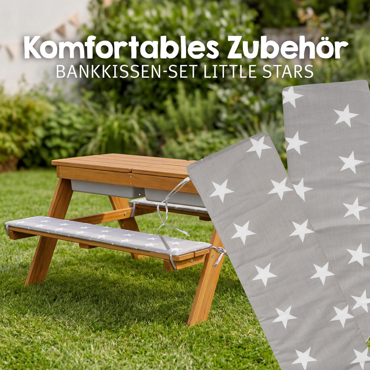 KINDERSITZGARNITUR OUTDOOR + mit Spielwannen und Bankkissen - Teakfarben, Holz - Roba