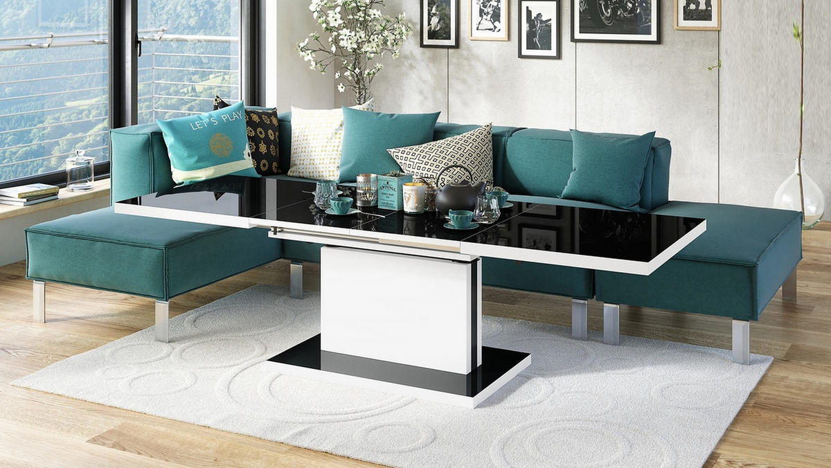 COUCHTISCH rechteckig Schwarz Hochglanz Weiß matt ausziehbar höhenverstellbar - Schwarz Hochglanz/Weiß, Holzwerkstoff (80/120/56cm) - designimpex