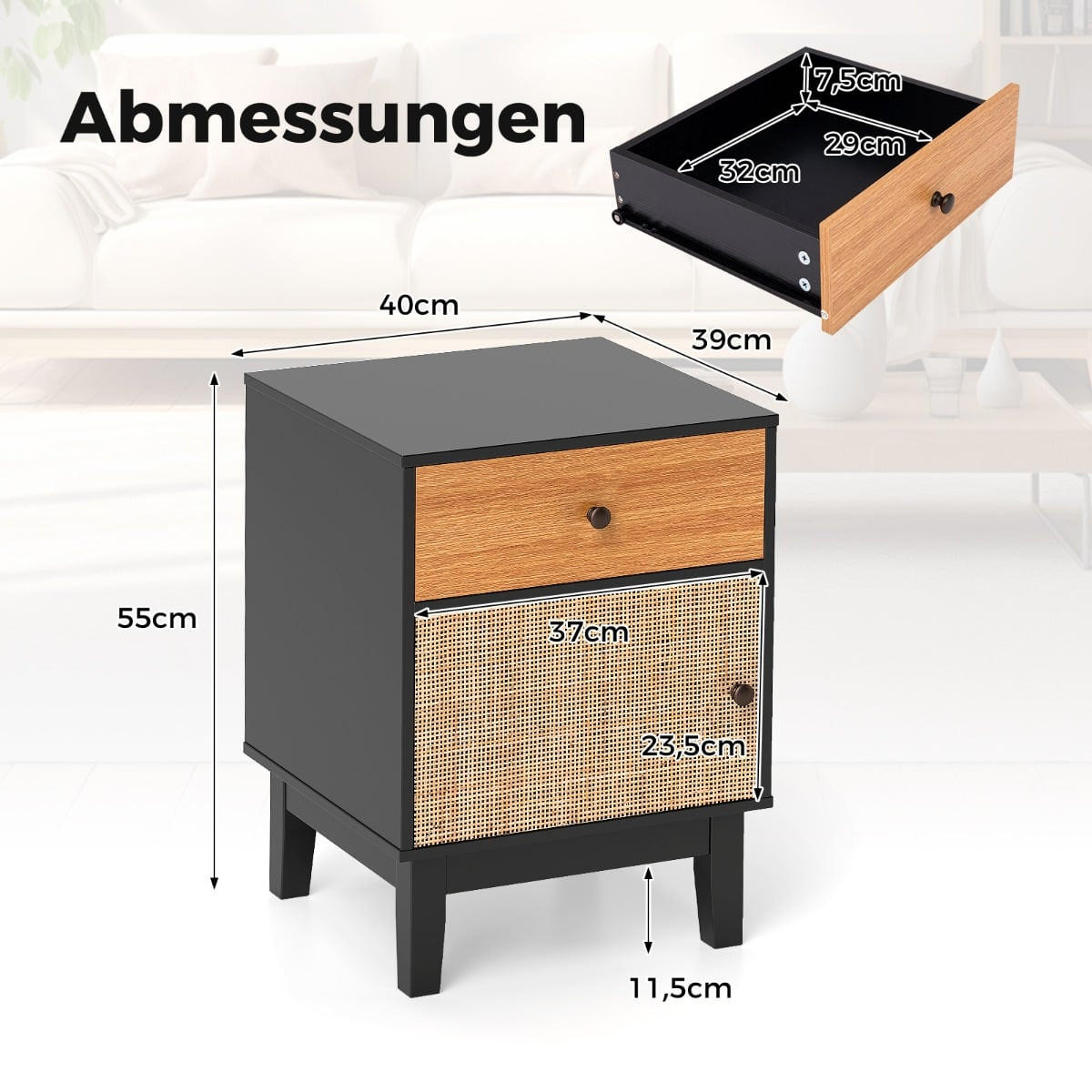 NACHTTISCH mit Schublade und Schrank, Boho Nachtkonsole, 55 cm - Schwarz/Braun, Holz/Holzwerkstoff (39/55/40cm) - DESIGN IN