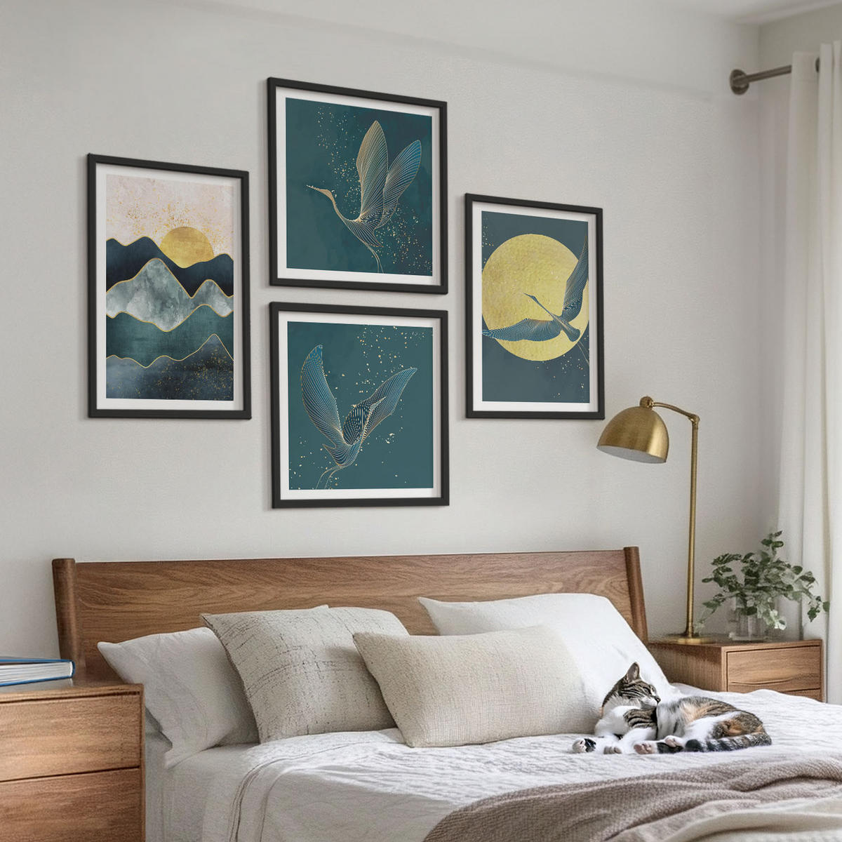 WANDBILDER 4er-Set - 50x50 cm & 40x60 cm Schwarzer Rahmen - Vögel, Kraniche, Mond, Berge - Schwarz, Kunststoff (50/50cm) - ArtPrintCave