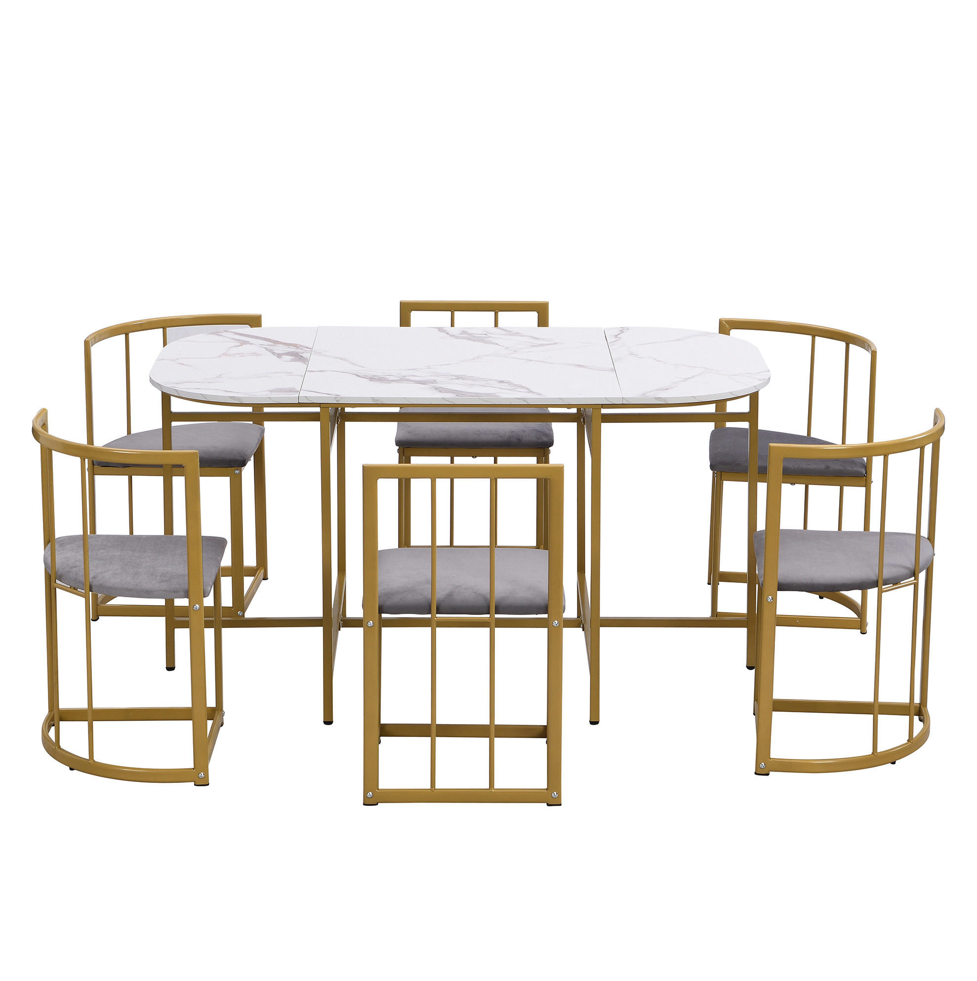 JÍDELNÍ sestava pro 6 osob bílá z MDF se zlatým kovovým rámem a židlemi s opěrkami - bílá, kompozitní dřevo (140/76/80cm) - OKWISH
