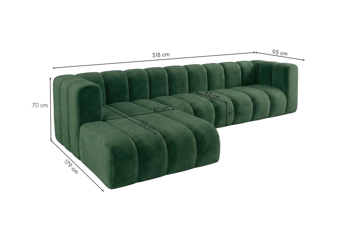 ECKSOFA Modulares In L-Form, Velvet-Stoff Riviera, Grün, Links, GRAND 318 cm - Grün, Holz (318/179cm) - Kaiser Möbel