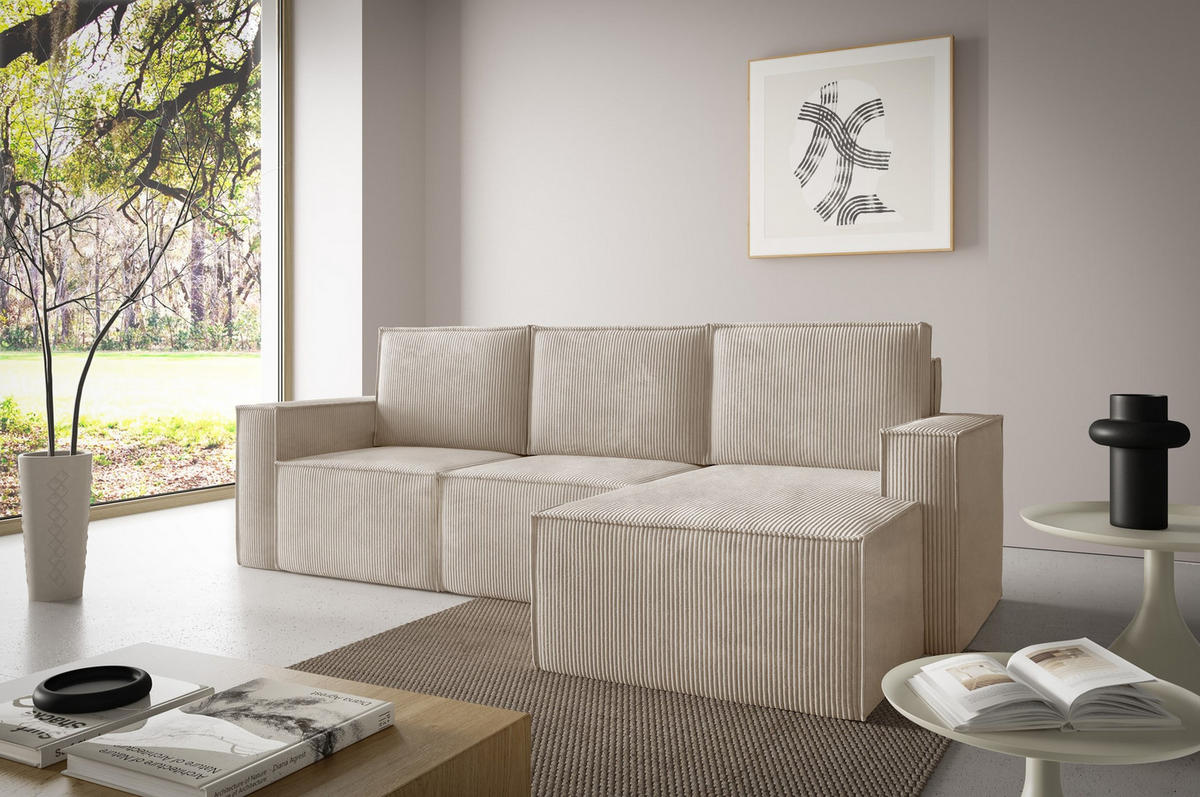 ECKSOFA Orto Hellbraun, Dreisitzer Kordecksofa rechte seite - Hellbraun, Holzwerkstoff/Textil (180/142cm) - Bettso