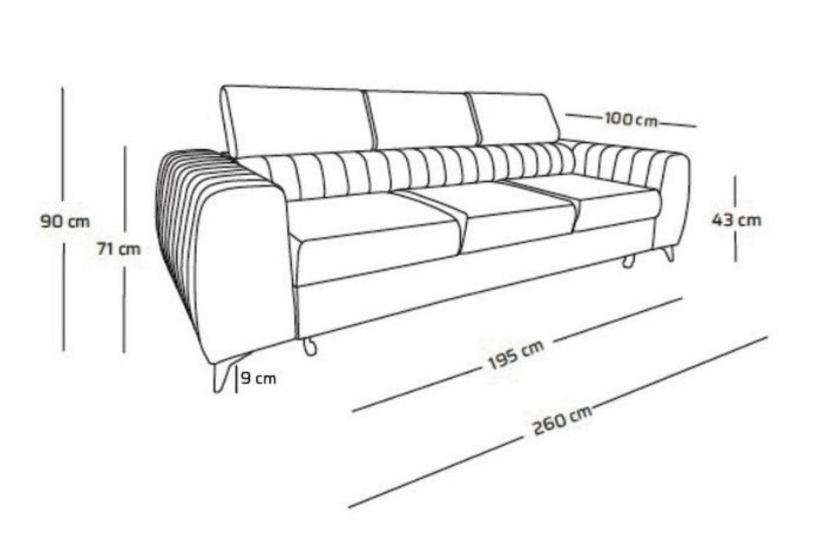 3-SITZER-SOFA PIERO mit Schlaffunktion 125x195 Velours Creme - Creme/Schwarz, Holz/Textil (260/90/100cm) - Muffo