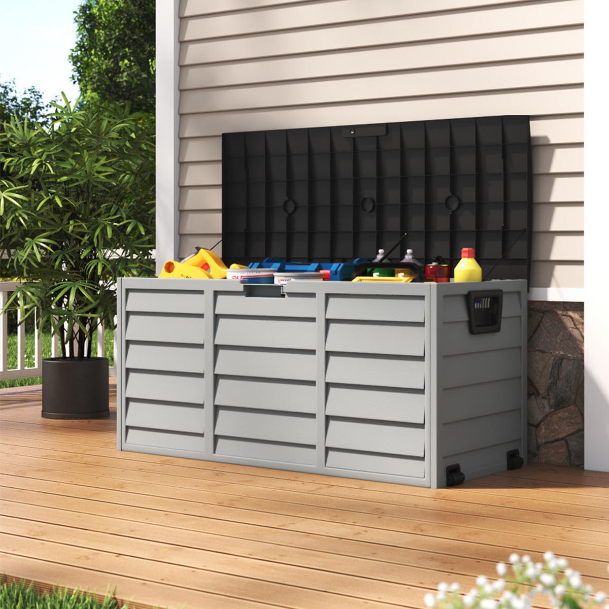 GARTENBOX Kissenbox Auflagenbox 290L aus Kunststoff in Schwarz Abschließbar Wasserdicht Wetterfest für Garten, Terrasse oder Balkon - Schwarz/Grau, Kunststoff (112/54/49cm) - Livingandhome