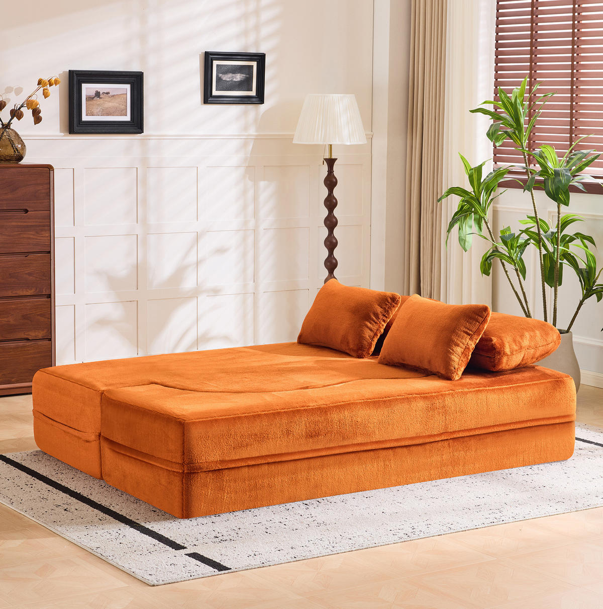 BODENSCHLAFSOFA klappbar mit hochdichtem Schaumstoff, 4 Kissen und vielseitiger Nutzung, Orange - Orange, Kunststoff (198/76/60cm) - Redom