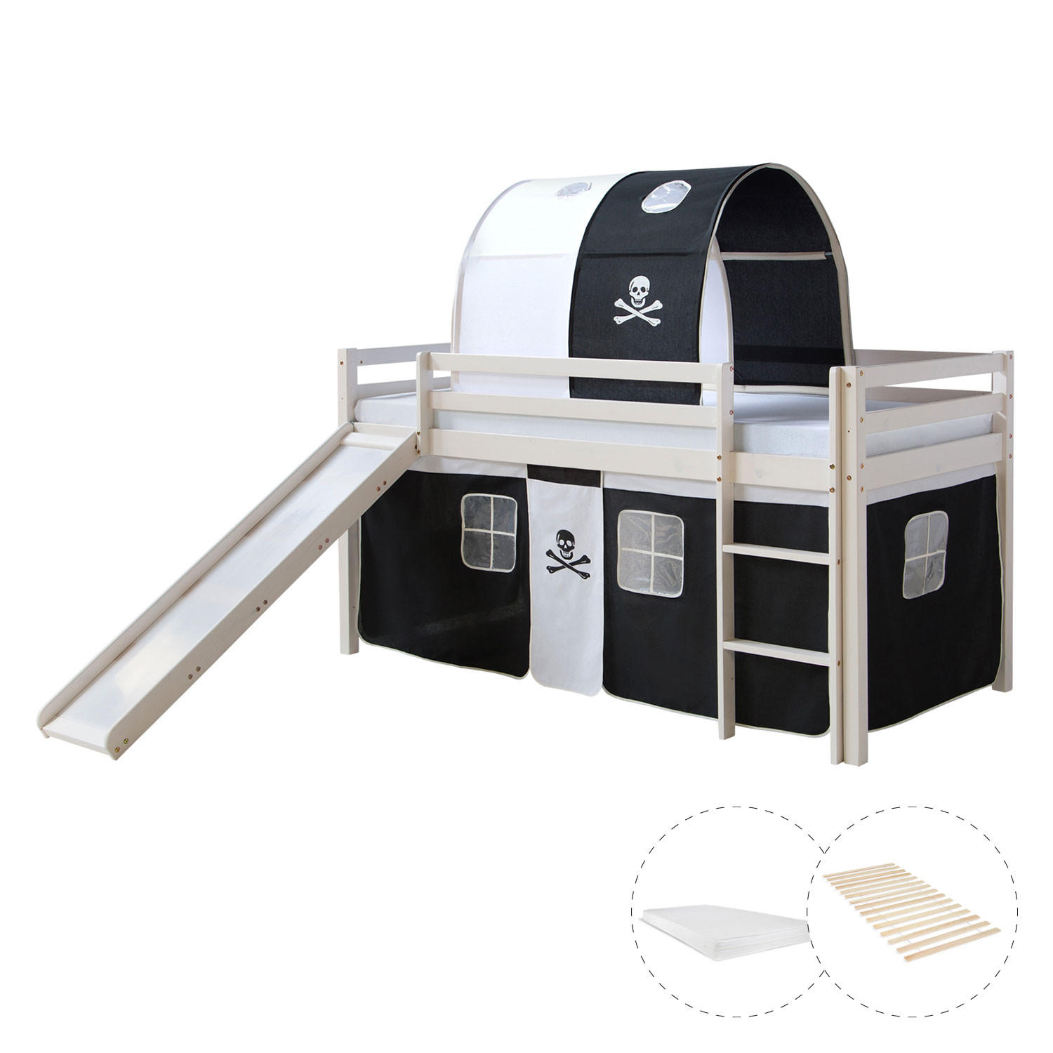 HOCHBETT 90/200 cm mit Lattenrost + Matratze Pirat - Schwarz/Weiß, Holz (90/200cm) - Homestyle4u