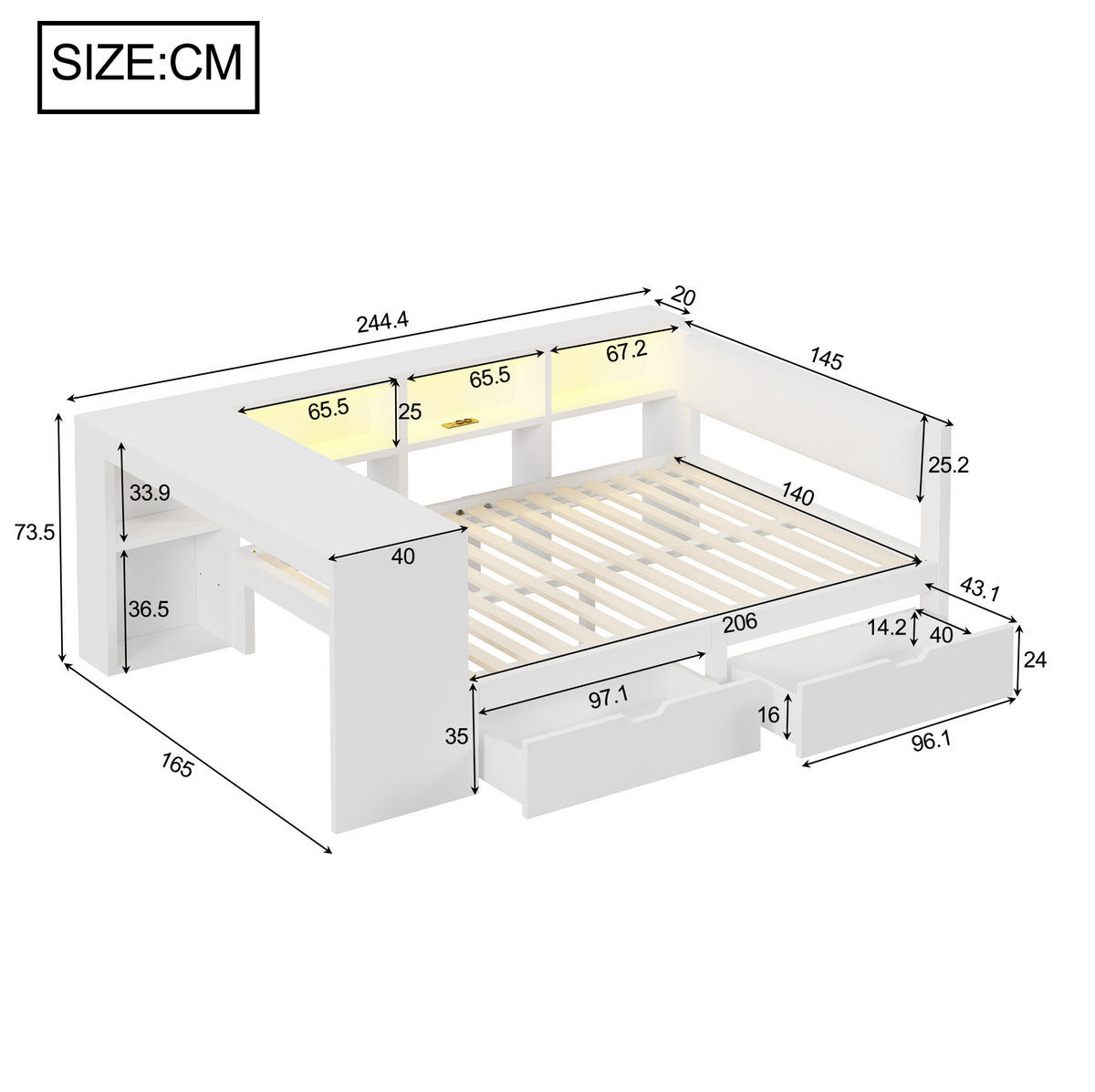POLSTERBETT aus MDF und Sperrholz 140x200 cm Weiß mit USB-Ladestation, Schubladen, Ablagen und LED-Beleuchtung - Weiß, Holzwerkstoff (140/200cm) - Modfu
