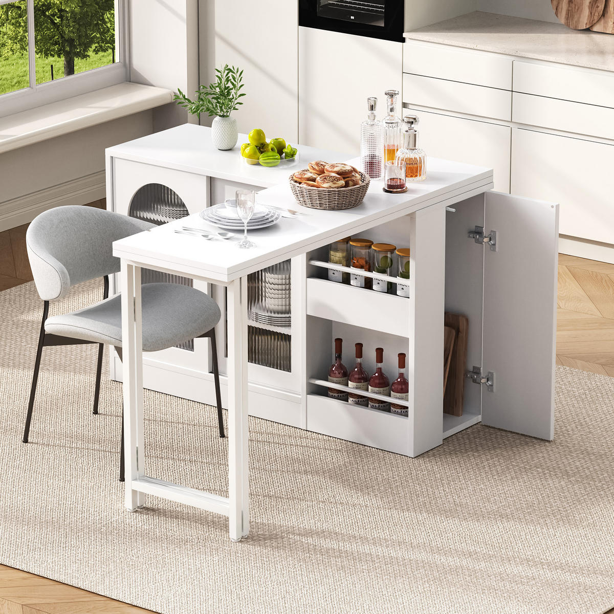 BARTISCH für Küche 121,5/40/76,7 cm ausziehbar mit Stauraum in Weiß - Weiß, Holzwerkstoff (121.5/40/76.7cm) - BEAOK