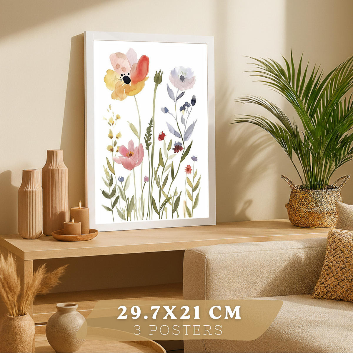 PLAKAT Sada 3 akvarelových květinových potisků. Dekorativní nástěnné umění s barevnými květinami. Velikost Bílý rám A4 - bílá, papír (21/29.7/3cm) - Nacnic
