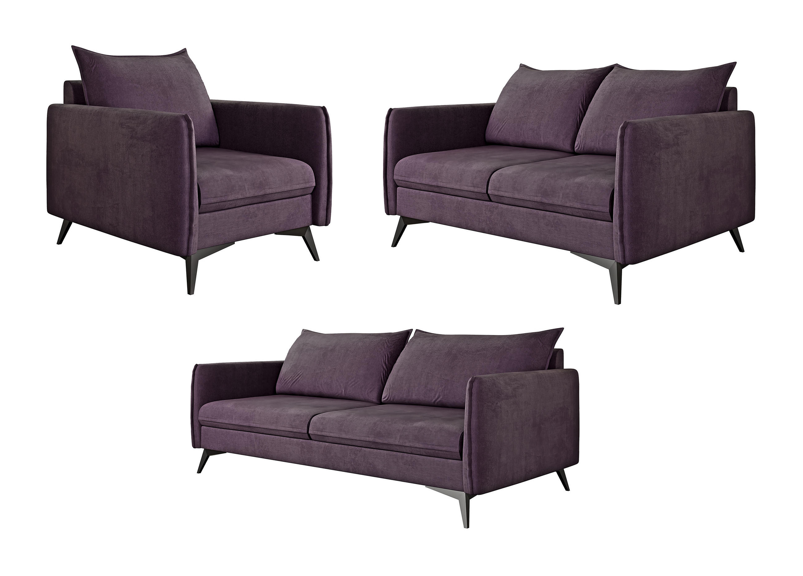SITZGARNITUR 3+2+1 Pulse Lila Luxusmikrofaser - Lila/Schwarz, Holz/Textil (199/86/91cm) - S-Style Möbel