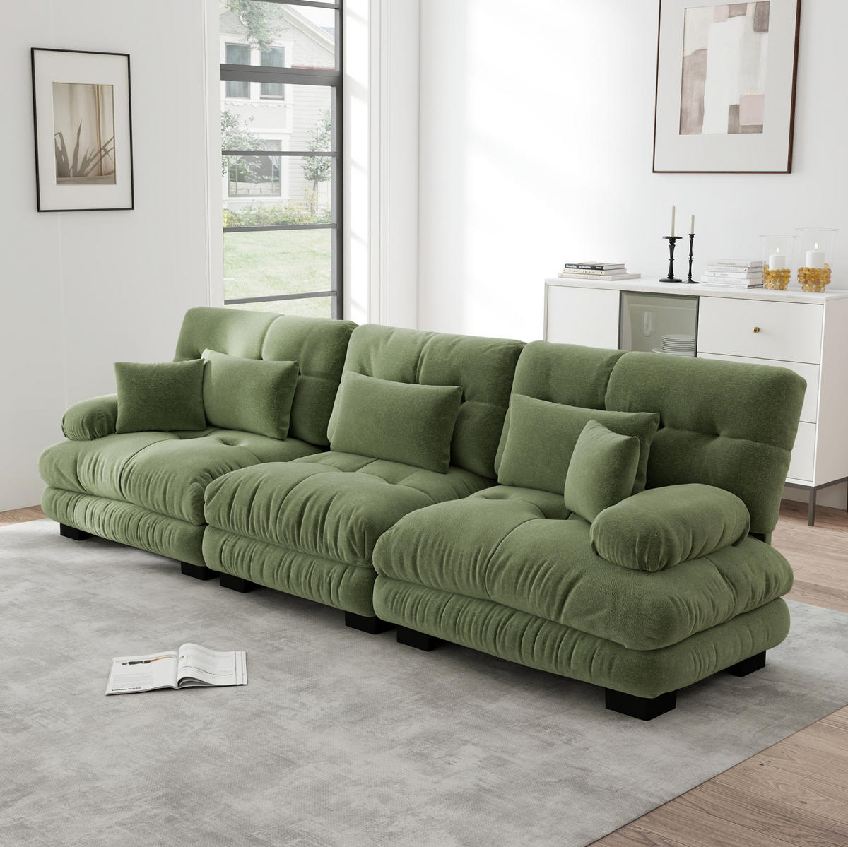 SOFA aus Chenille in Grün mit Tiefensitz - Grün, Textil (77/81/313cm) - Flora Grace
