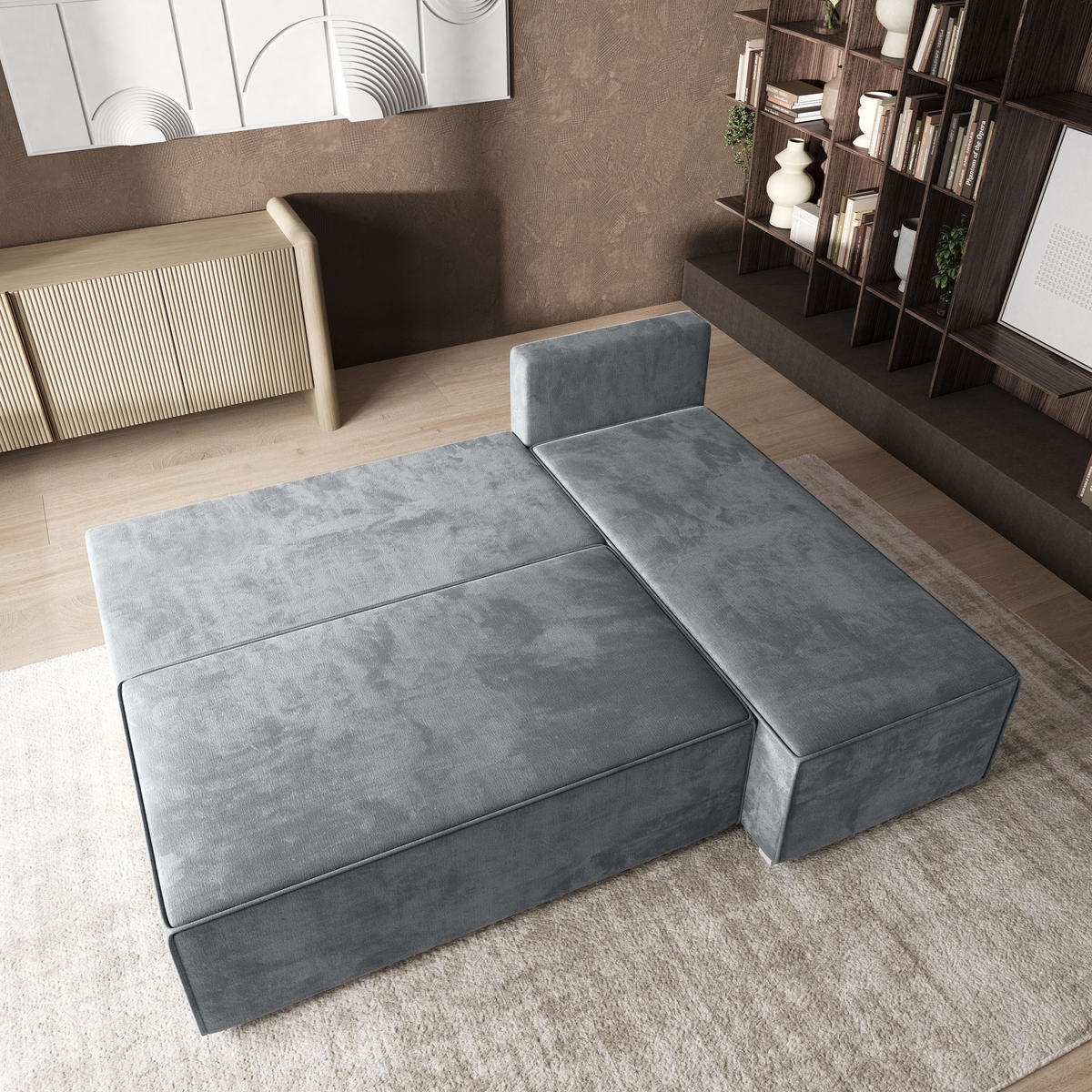 ROHOVÁ SEDAČKA BRISO světle šedá - šedá/světle šedá, dřevo/textil (200/140cm) - MASSENO