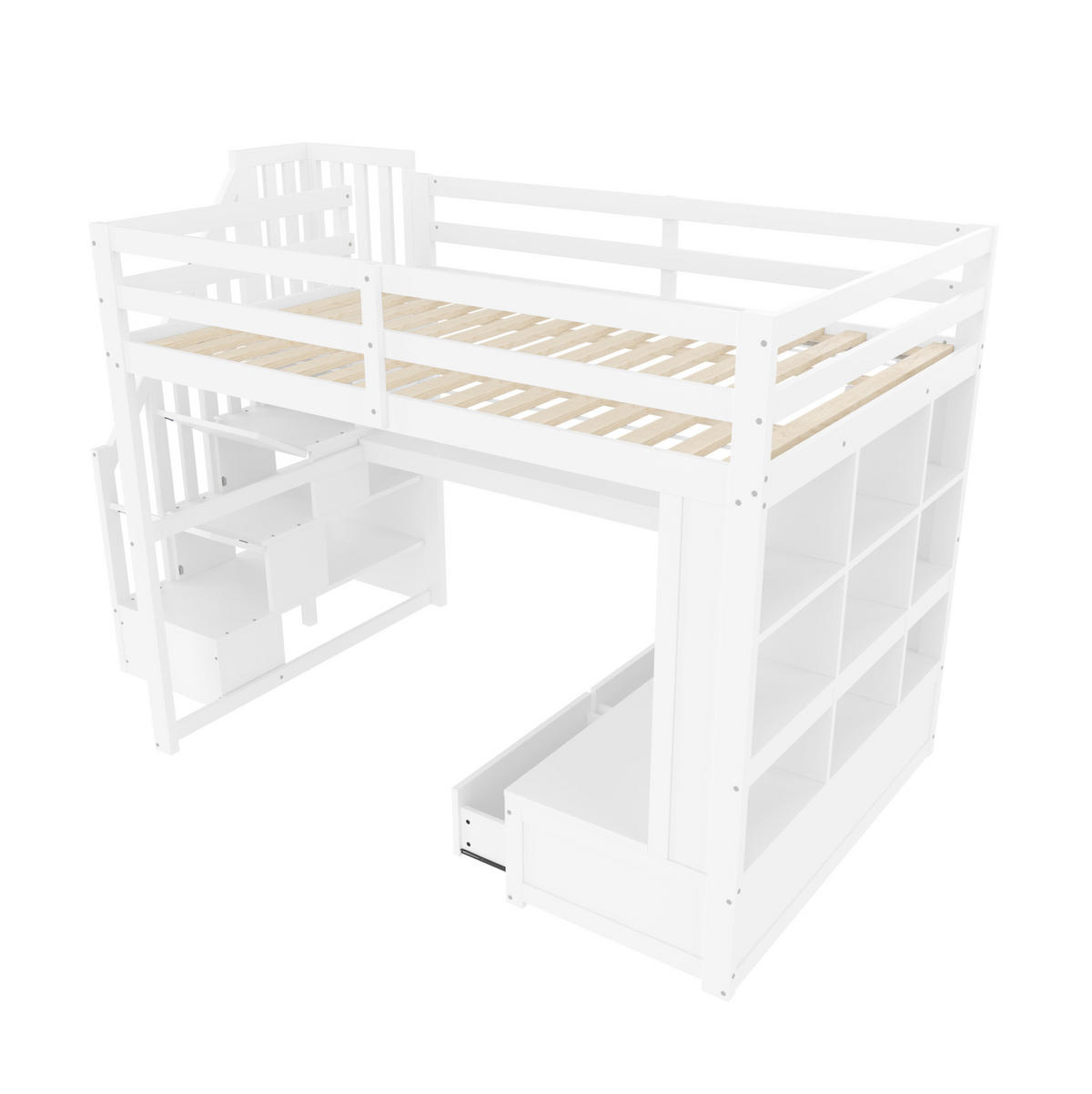 HOCHBETT 140/200 cm weiß aus MDF und Kiefer mit Schreibtisch, Regalen, 2 Schubladen und LED - Weiß, Holzwerkstoff (140/200cm) - OKWISH