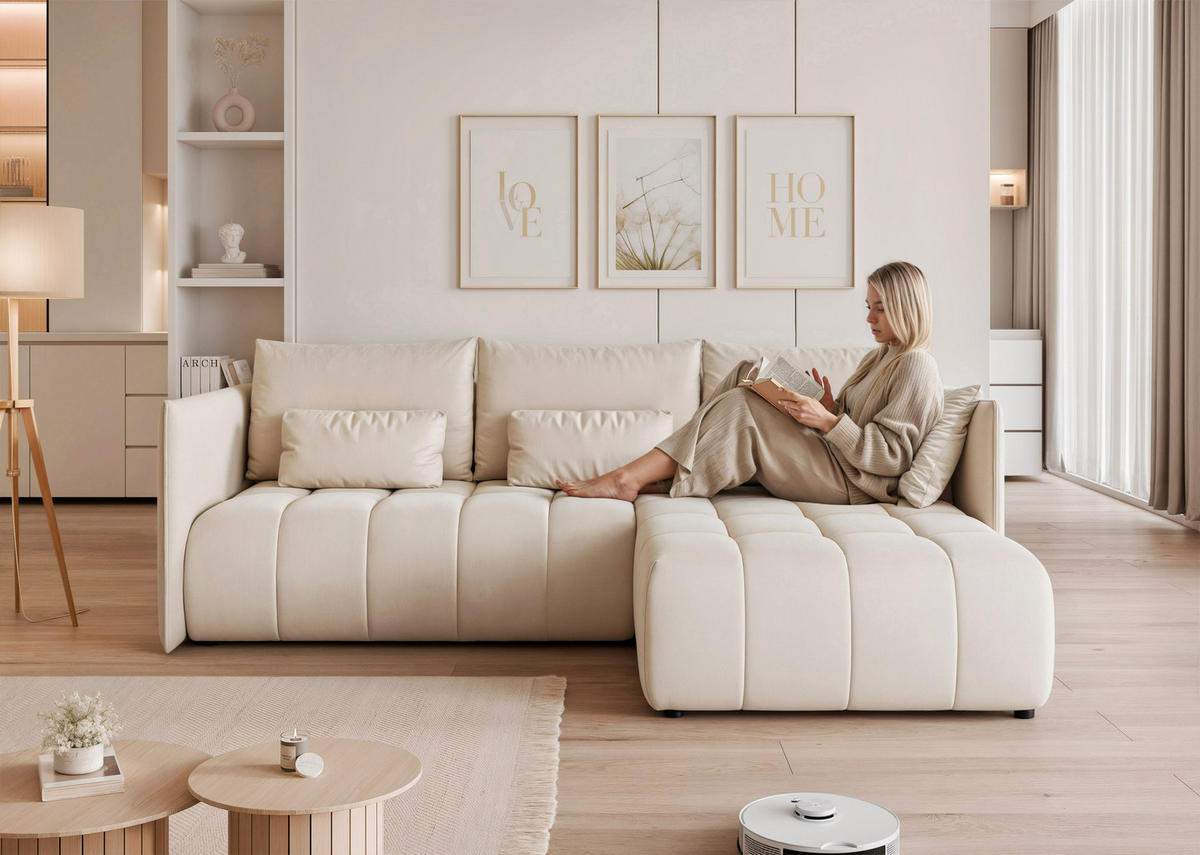 ECKSOFA CLEO mit Schlaffunktion und Bettkasten Creme - Creme, Holzwerkstoff/Kunststoff (245/180cm) - Idohome