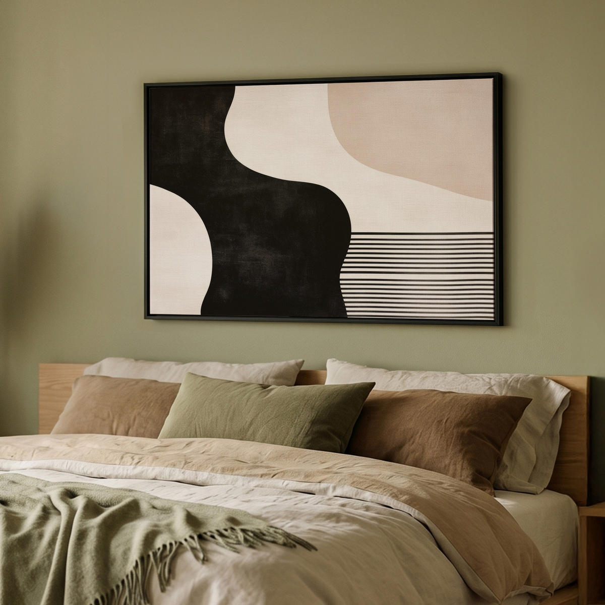 LEINWAND Bilder mit Rahmen - Abstrakt - Japandi - Beige - Modern - 90x60 - Schwarz, Textil (90/60cm) - MuchoWow