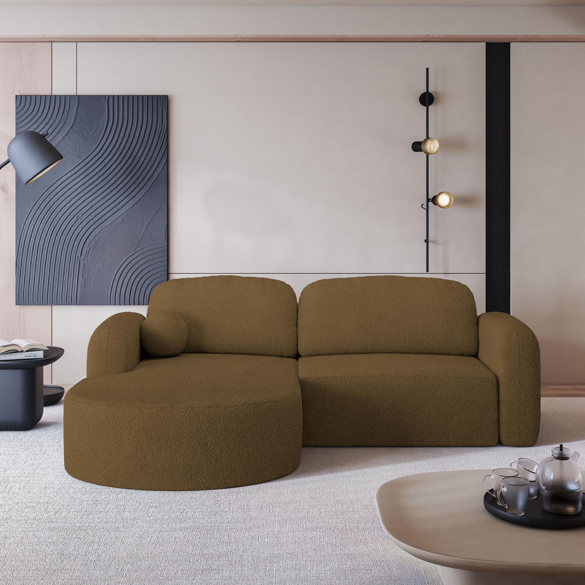 ECKSOFA AMILIA L-S Orange Boucle-Stoff mit Schlaffunktion - Orange, Holz (263/174cm) - MASSENO