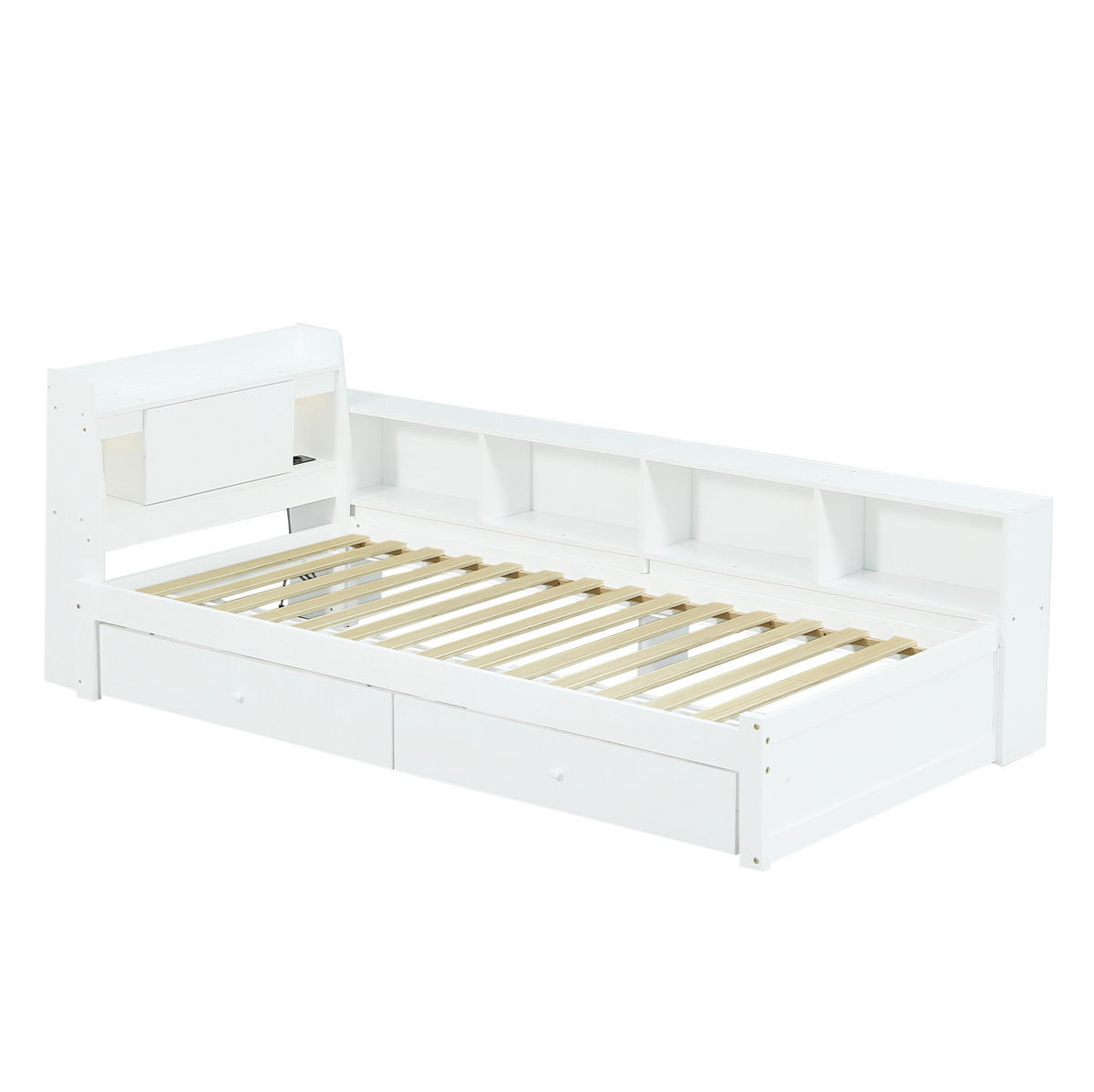 BETT 90/200 cm Weiß aus Kiefer/MDF mit Stauraum und Ladebuchse - Weiß, Holz (90/200cm) - OKMYHOME