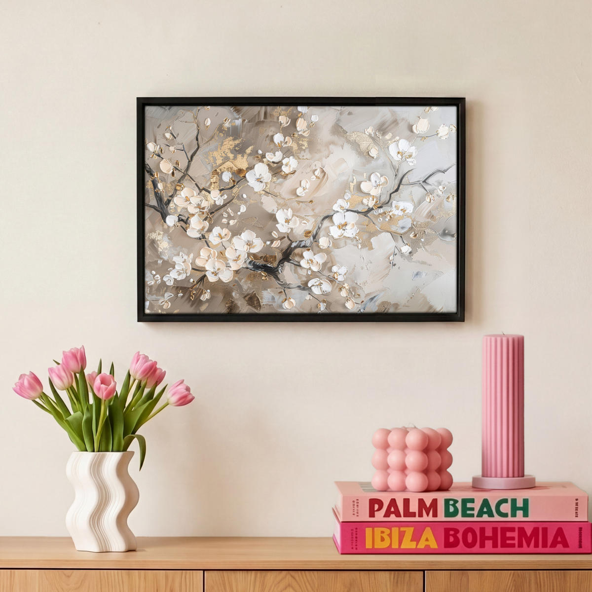 LEINWAND Bilder mit Rahmen - Blumen - Weiß - Gold - Beige - Luxus - 30x20 - Greige, Textil (30/20cm) - MuchoWow