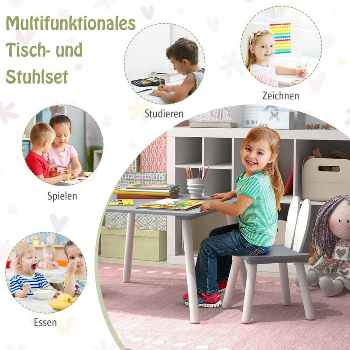 KINDERTISCH mit 2 Stühlen grau(3-tlg) - Grau, Holzwerkstoff (62/43/62cm) - COSTWAY
