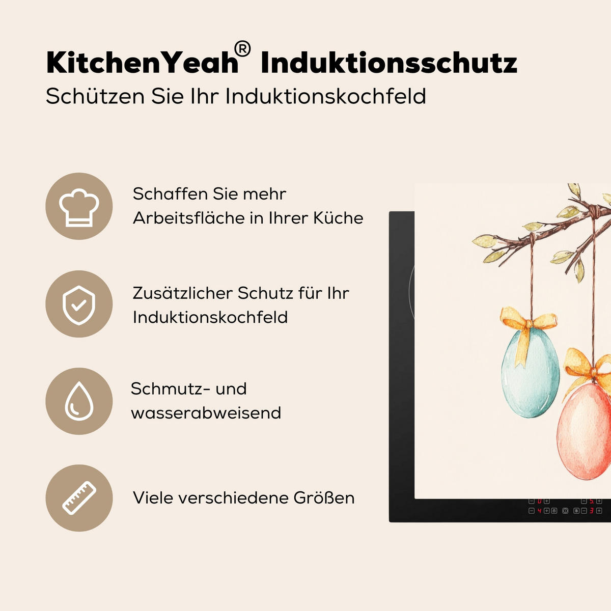 HERDABDECKPLATTE Osterkuchen - Schleife - Eier Ceranfeldabdeckung 59x52 cm - Creme, Kunststoff (59/52/0.2cm) - MuchoWow