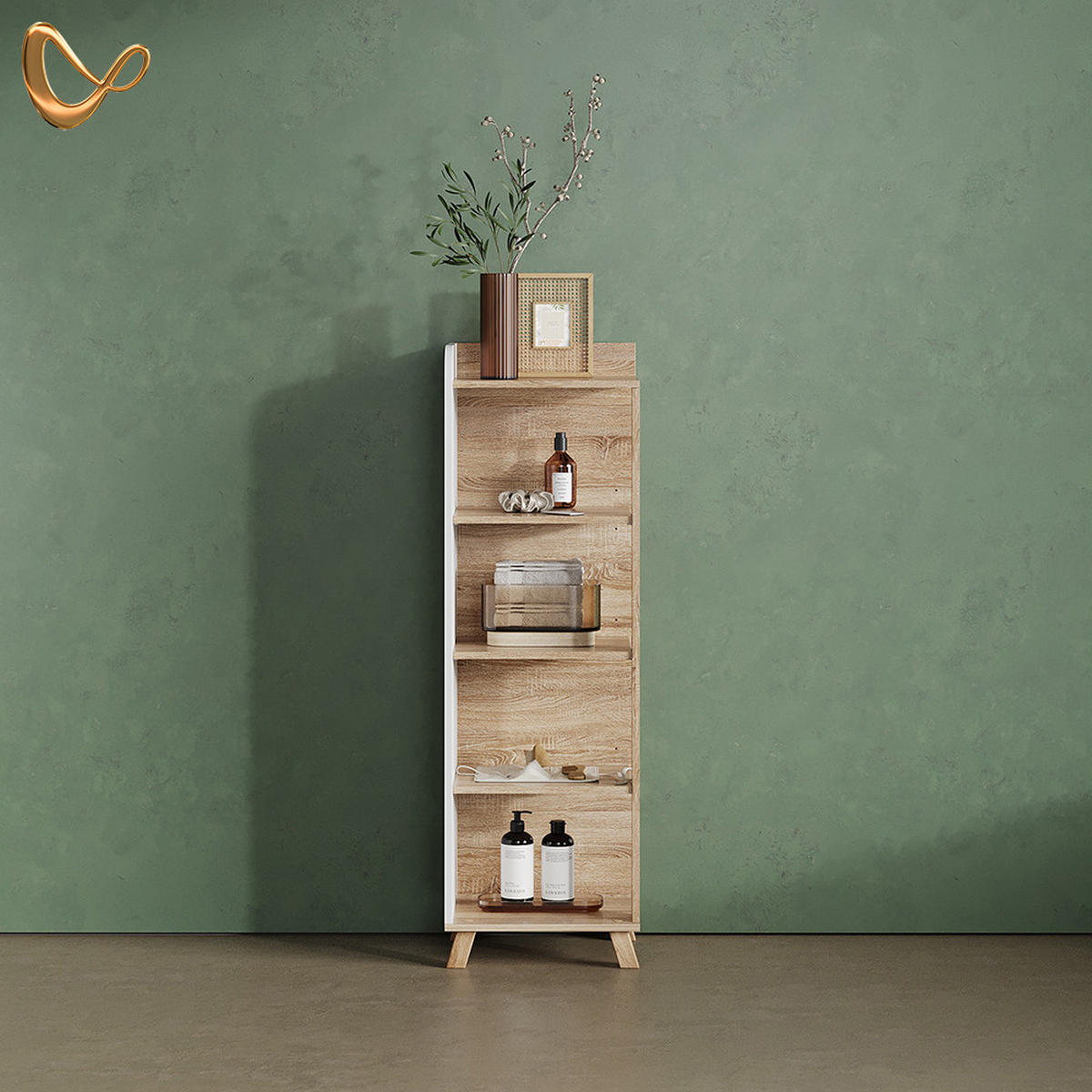 KOPALNIŠKA POLICA Marano, Sonoma/Bela, 40 x 128 cm s 4 predali - bela/hrast sonoma, leseni material (40/128/35cm) - Livinity®