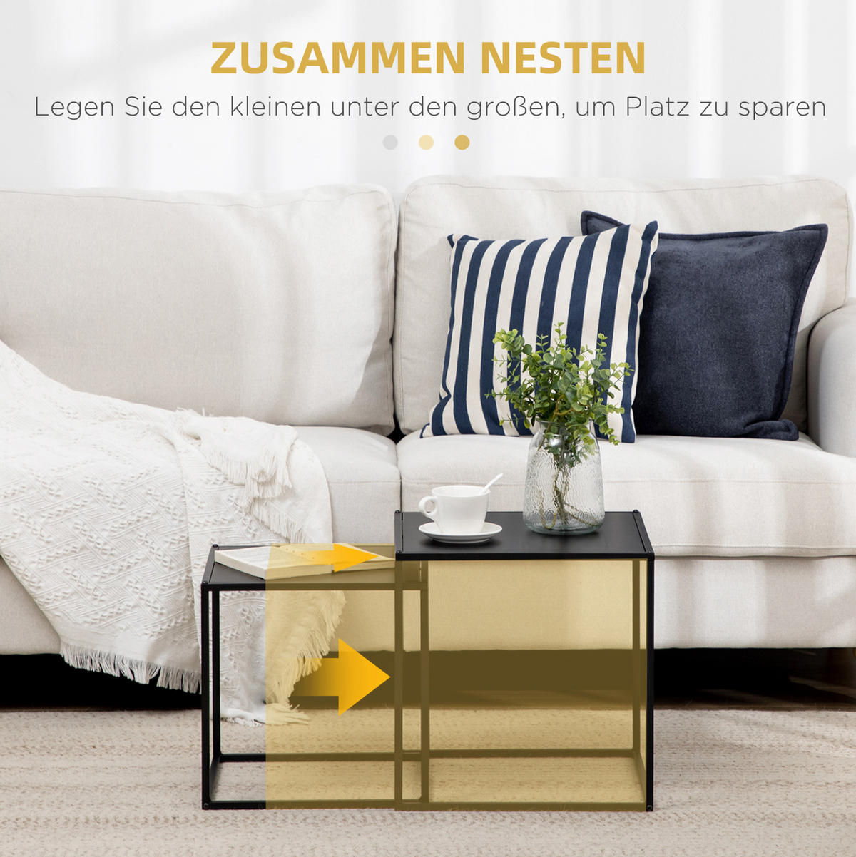 COUCHTISCH-SET 40/40/40 und 35/35/35 cm, 2-teilig, flexibel stellbar mit Stahlgestell, Schwarz - Schwarz, Metall (40/40/40cm) - Redom