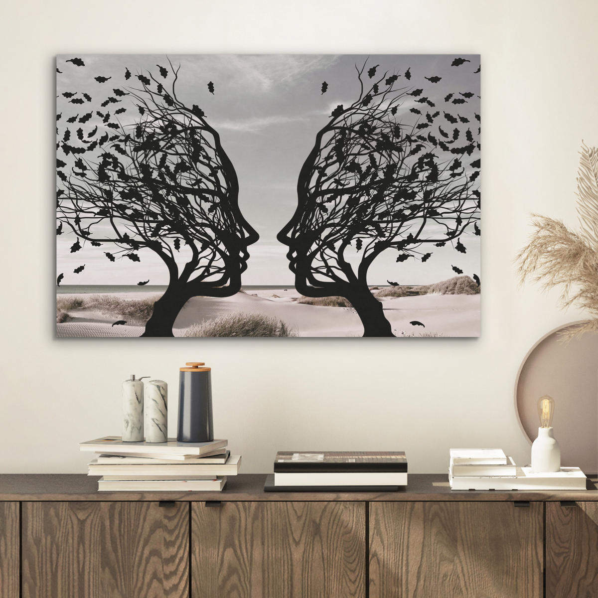 AKUSTIKBILD Strand - Meer - Menschen - Baum - Moderne Kunst Wanddeko 70x50 cm - Hellgrau, Kunststoff (70/50/0.9cm) - MuchoWow