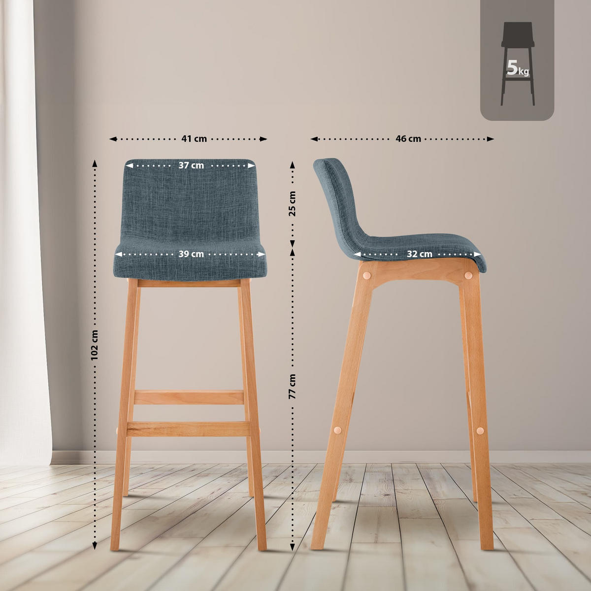 BARHOCKER Hover Massivholz 102x41x46 cm blau - Blau, Textil (41/102/46cm) - furnicato