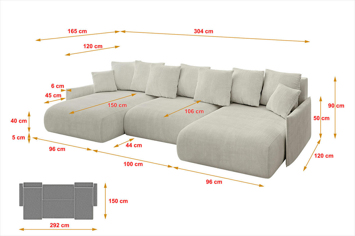 WOHNLANDSCHAFT mit Schlaffunktion und Bettkasten ONESK-U-v1 304x165x40 Hellgrau Cord - Hellgrau, Holzwerkstoff/Kunststoff (304/90/165cm) - ALTDECOR