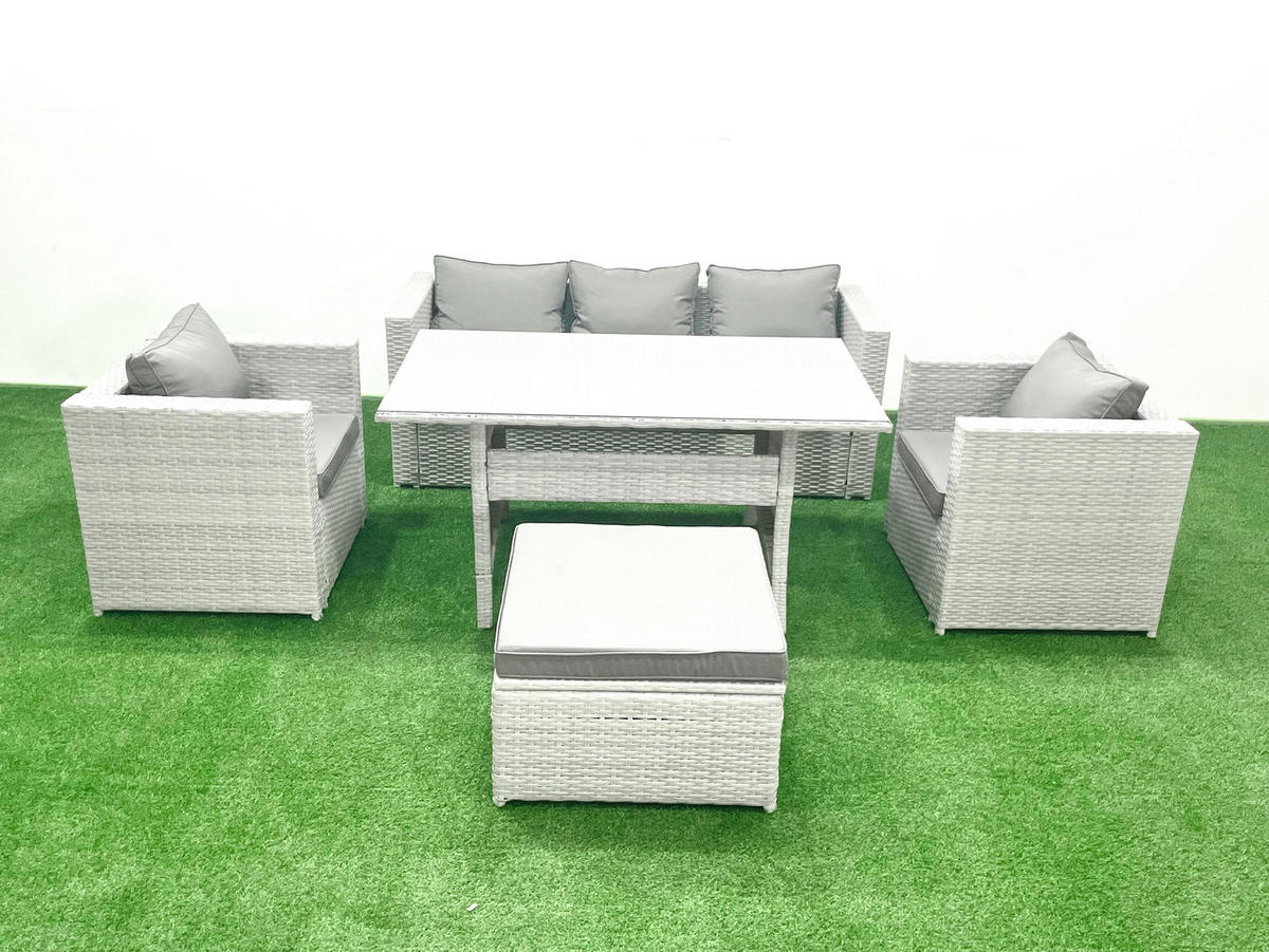 GARTENMÖBEL SET mit Sofa Polyrattan Hellgrau 6-Sitzer - Hellgrau/Grau, Glas/Kunststoff - Fimous