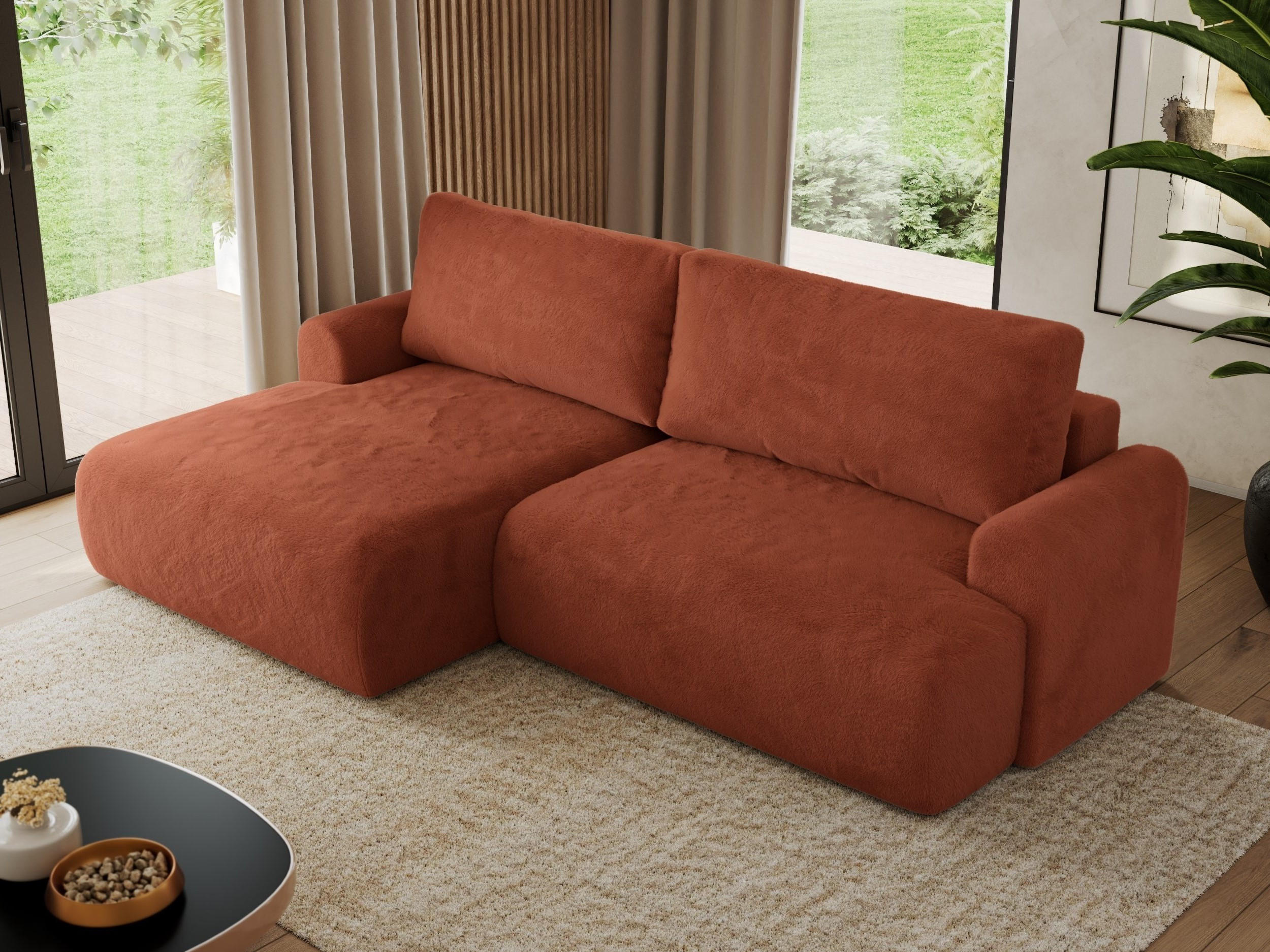 ECKSCHLAFSOFA TONO L Orange Plüsch - links - Schwarz/Orange, Kunststoff/Textil (260/150cm) - MKS